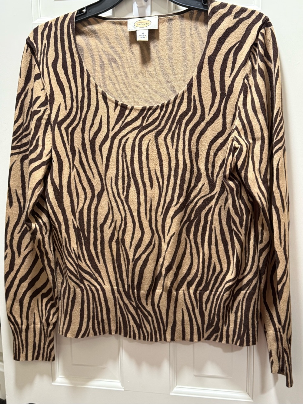 Talbots Tan and Brown Zebra-Print Scoop Neck Long Sleeve Top